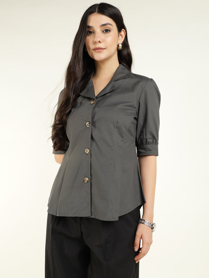 Women Dark Grey Solid Pure Cotton Regular Fit Formal Shirt