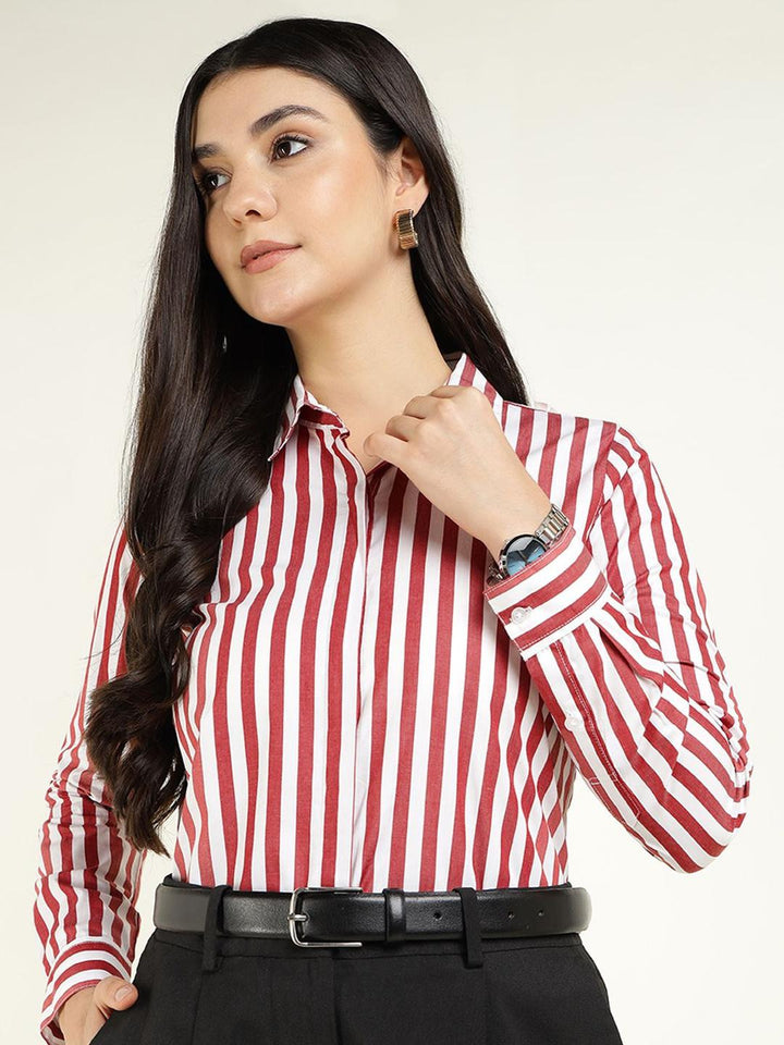 Women White & Maroon Striped Pure Cotton Regular Fit Formal Shirt