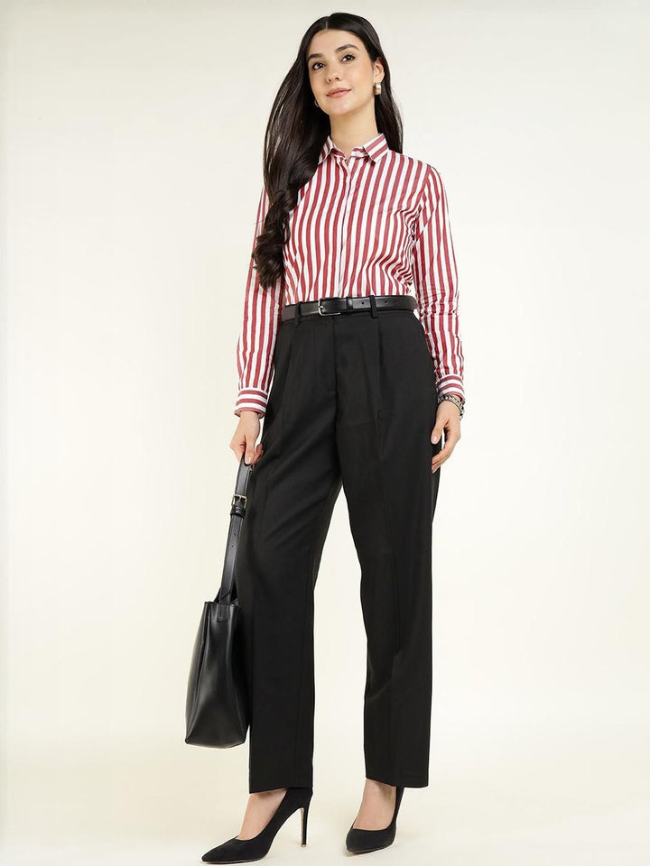 Women White & Maroon Striped Pure Cotton Regular Fit Formal Shirt