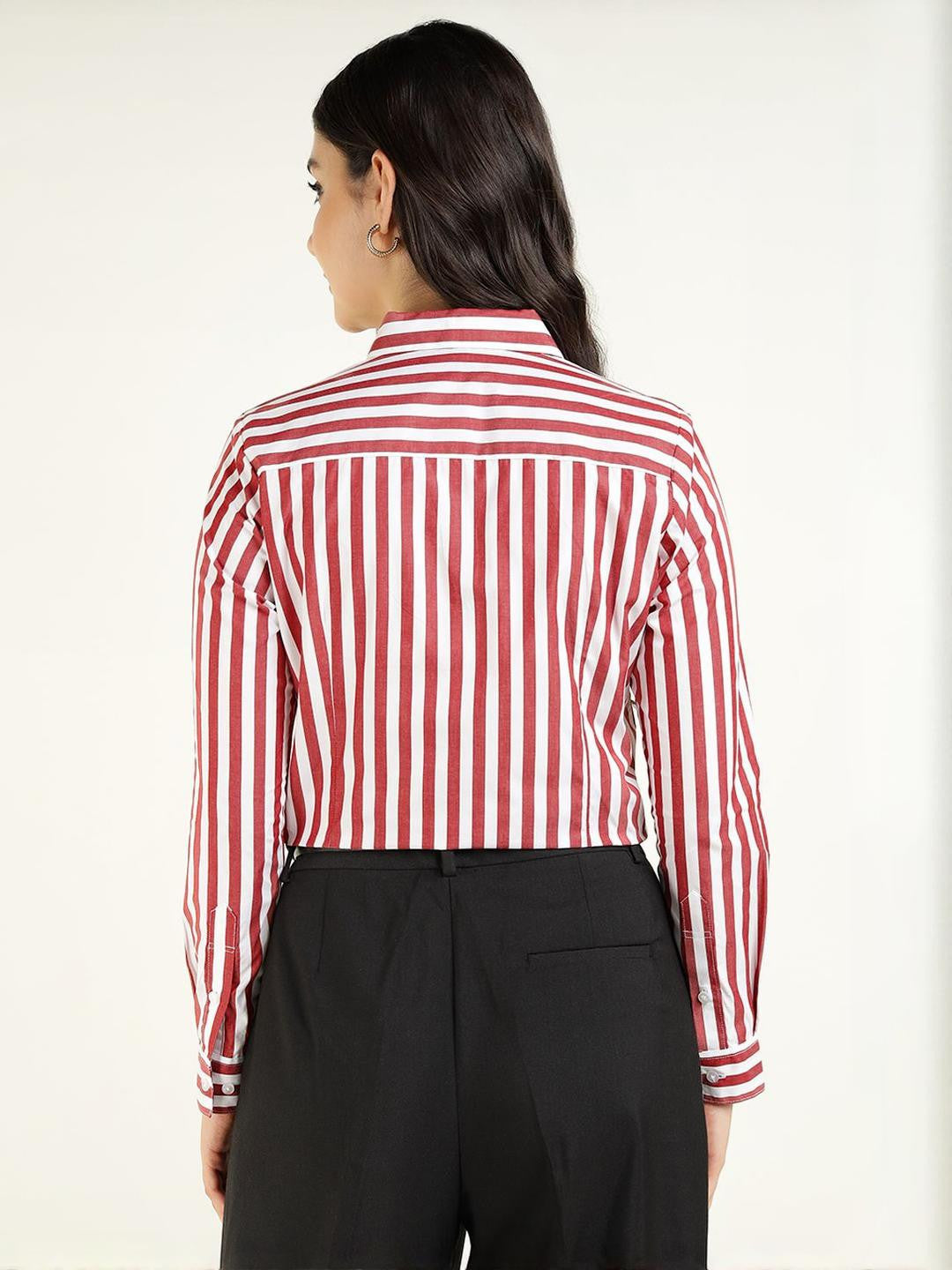 Women White & Maroon Striped Pure Cotton Regular Fit Formal Shirt