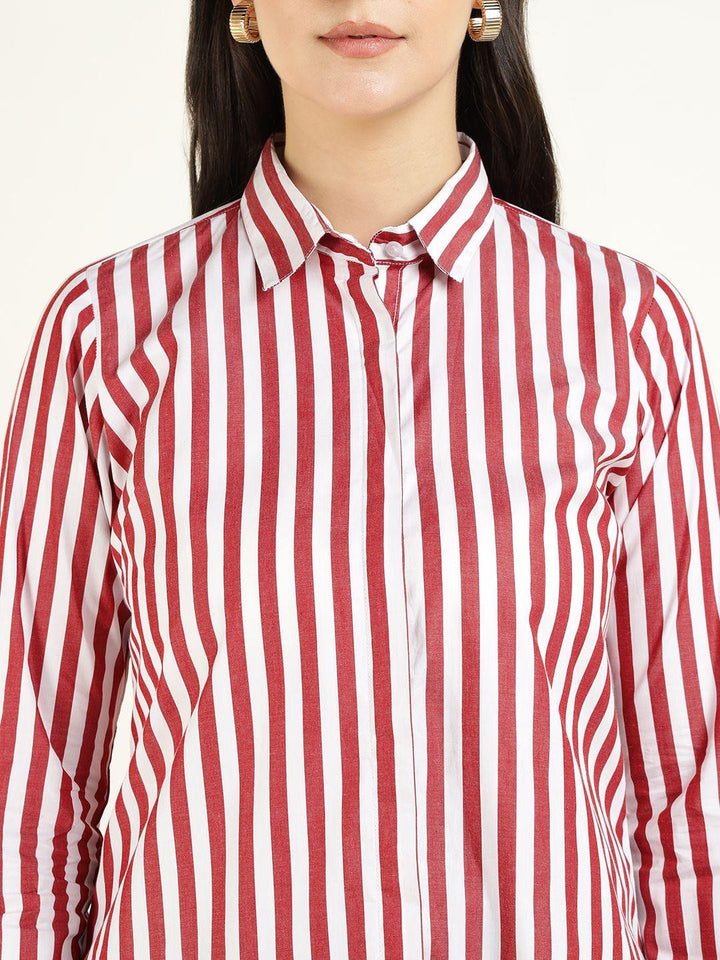 Women White & Maroon Striped Pure Cotton Regular Fit Formal Shirt