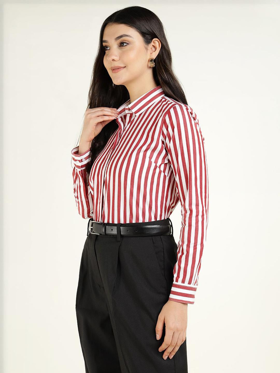 Women White & Maroon Striped Pure Cotton Regular Fit Formal Shirt