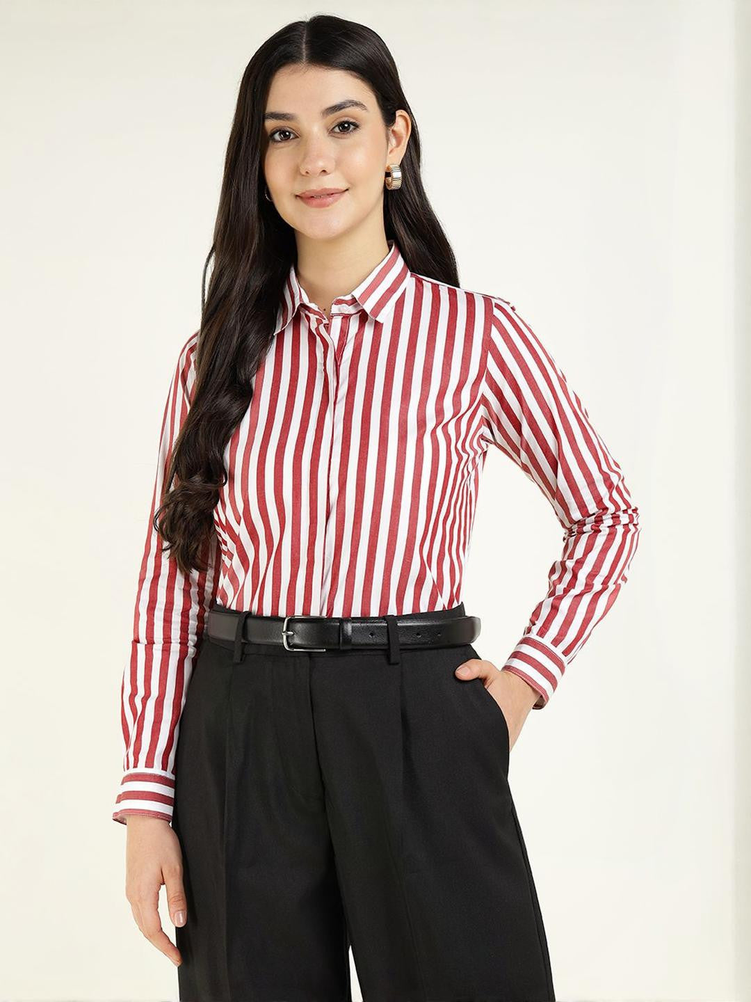 Women White & Maroon Striped Pure Cotton Regular Fit Formal Shirt