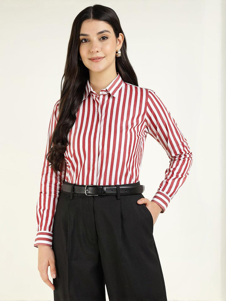Women White & Maroon Striped Pure Cotton Regular Fit Formal Shirt