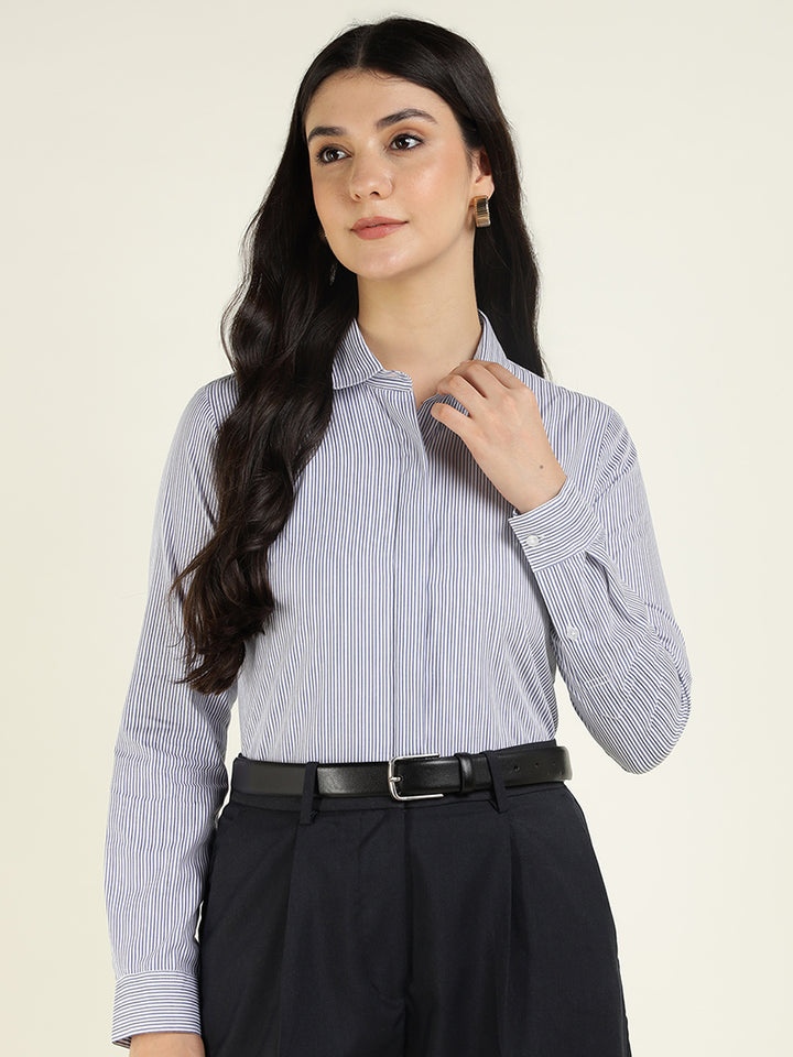 Women White & Blue Striped Pure Cotton Regular Fit Formal Shirt