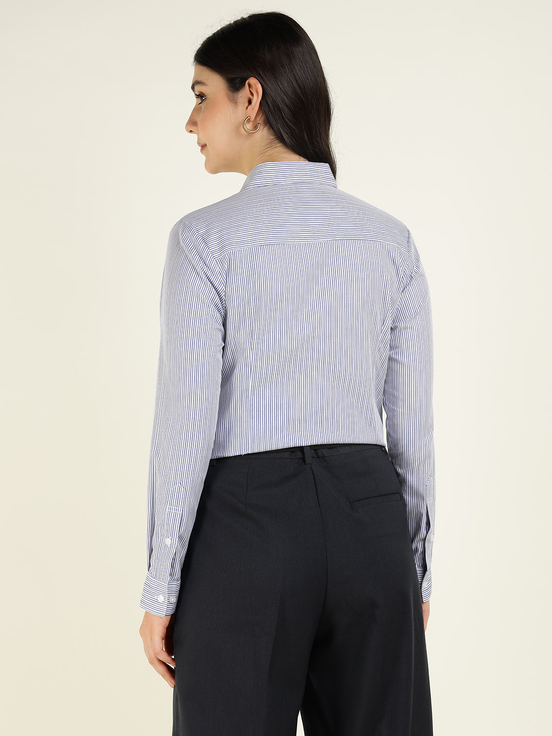 Women White & Blue Striped Pure Cotton Regular Fit Formal Shirt