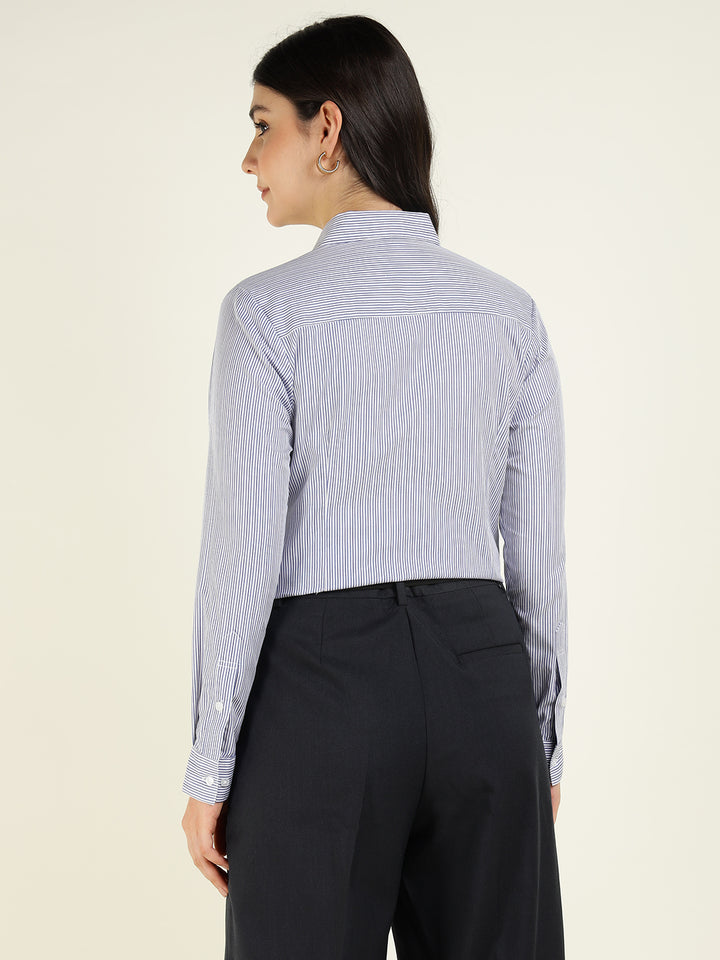 Women White & Blue Striped Pure Cotton Regular Fit Formal Shirt