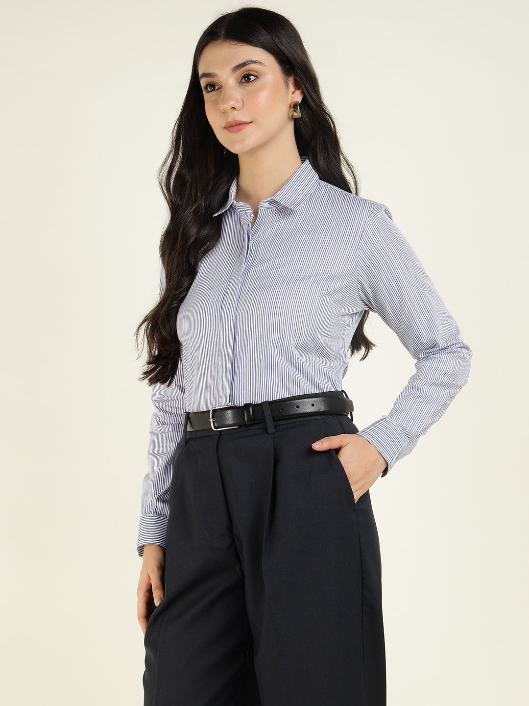Women White & Blue Striped Pure Cotton Regular Fit Formal Shirt