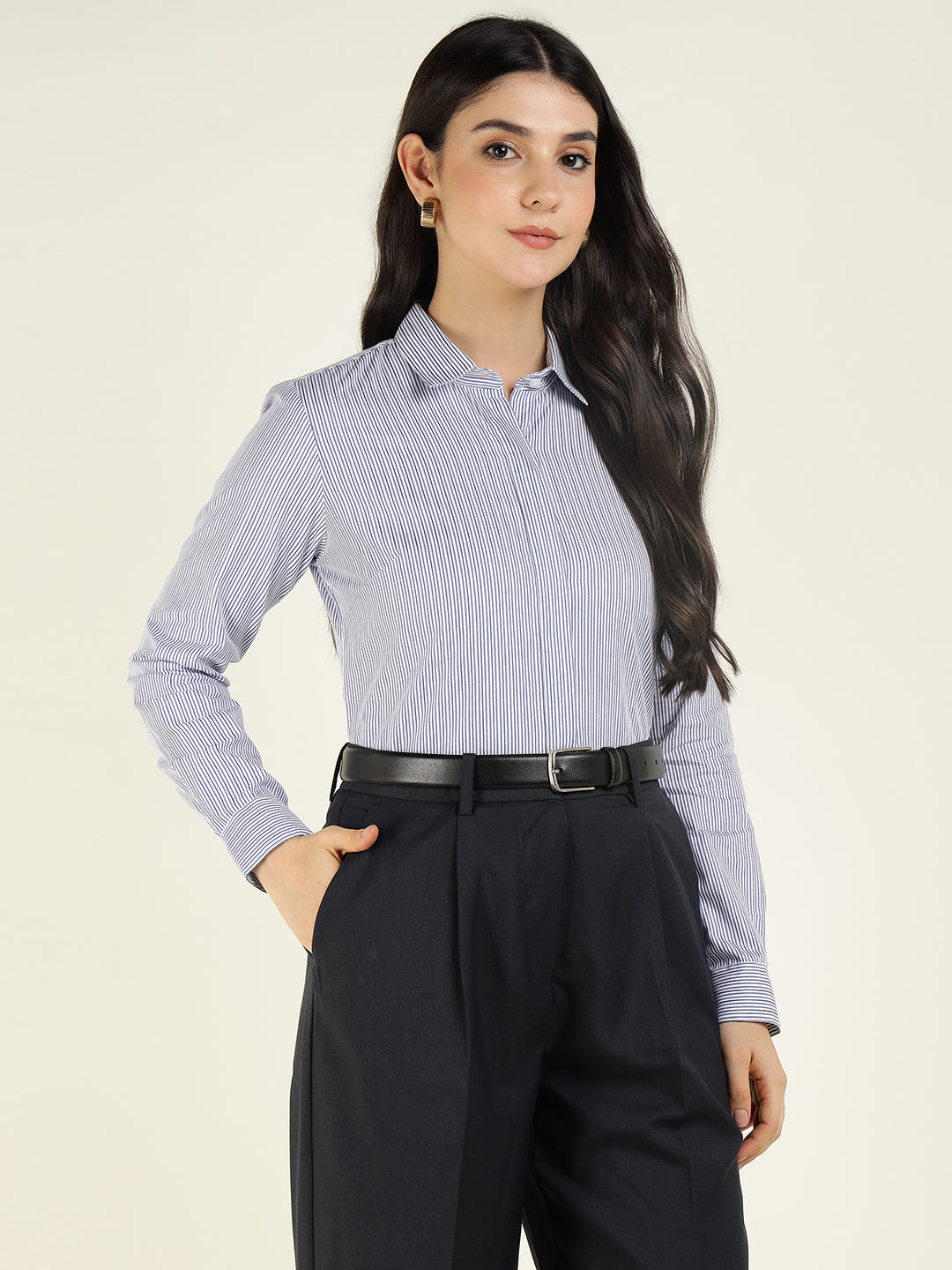 Women White & Blue Striped Pure Cotton Regular Fit Formal Shirt