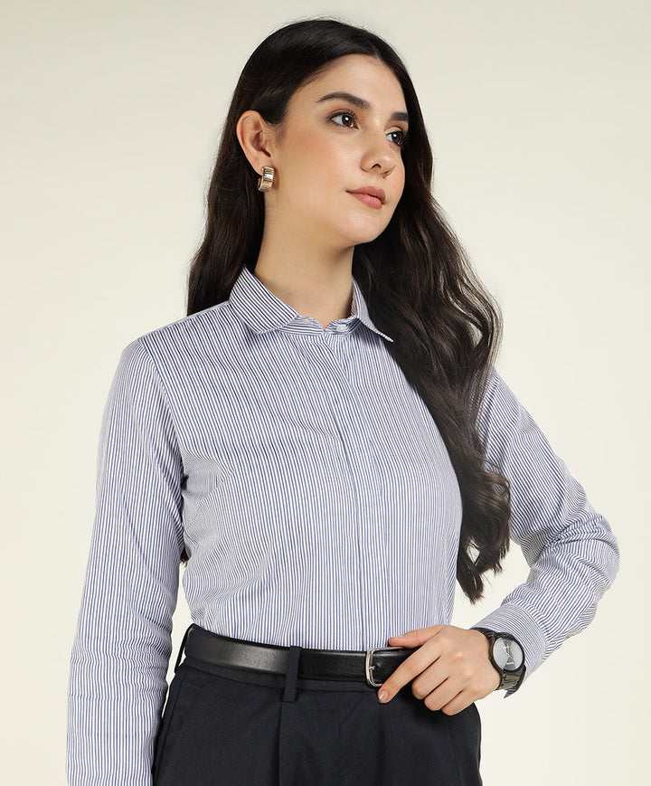 Women White & Blue Striped Pure Cotton Regular Fit Formal Shirt
