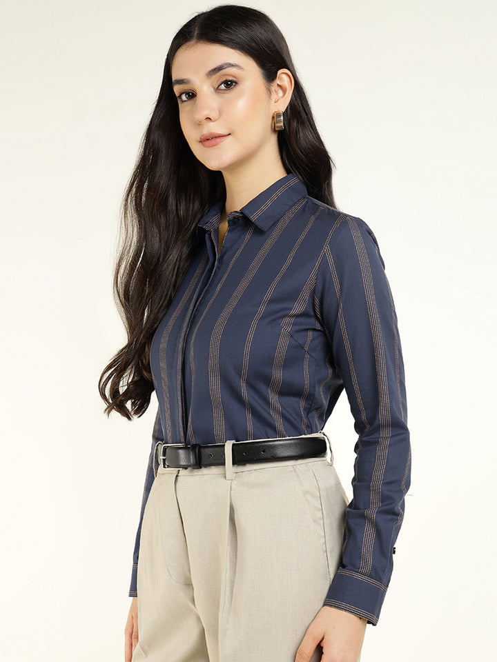 Women Navy Blue Striped Viscose Rayon Regular Fit Formal Shirt