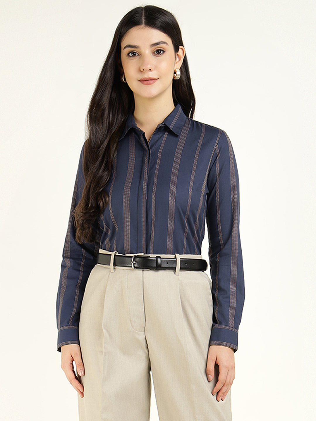 Women Navy Blue Striped Viscose Rayon Regular Fit Formal Shirt