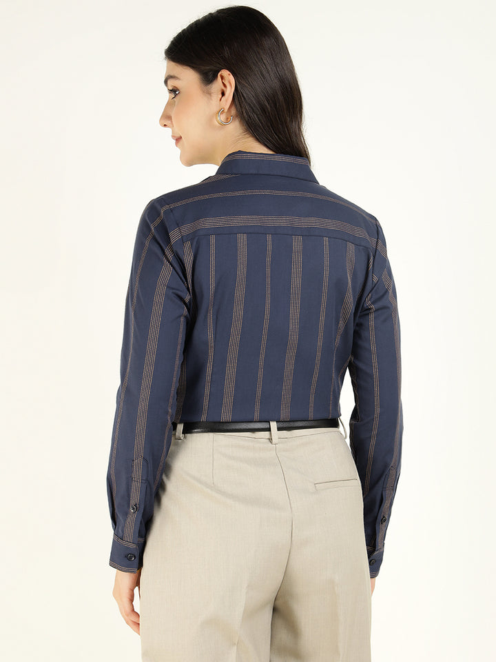 Women Navy Blue Striped Viscose Rayon Regular Fit Formal Shirt