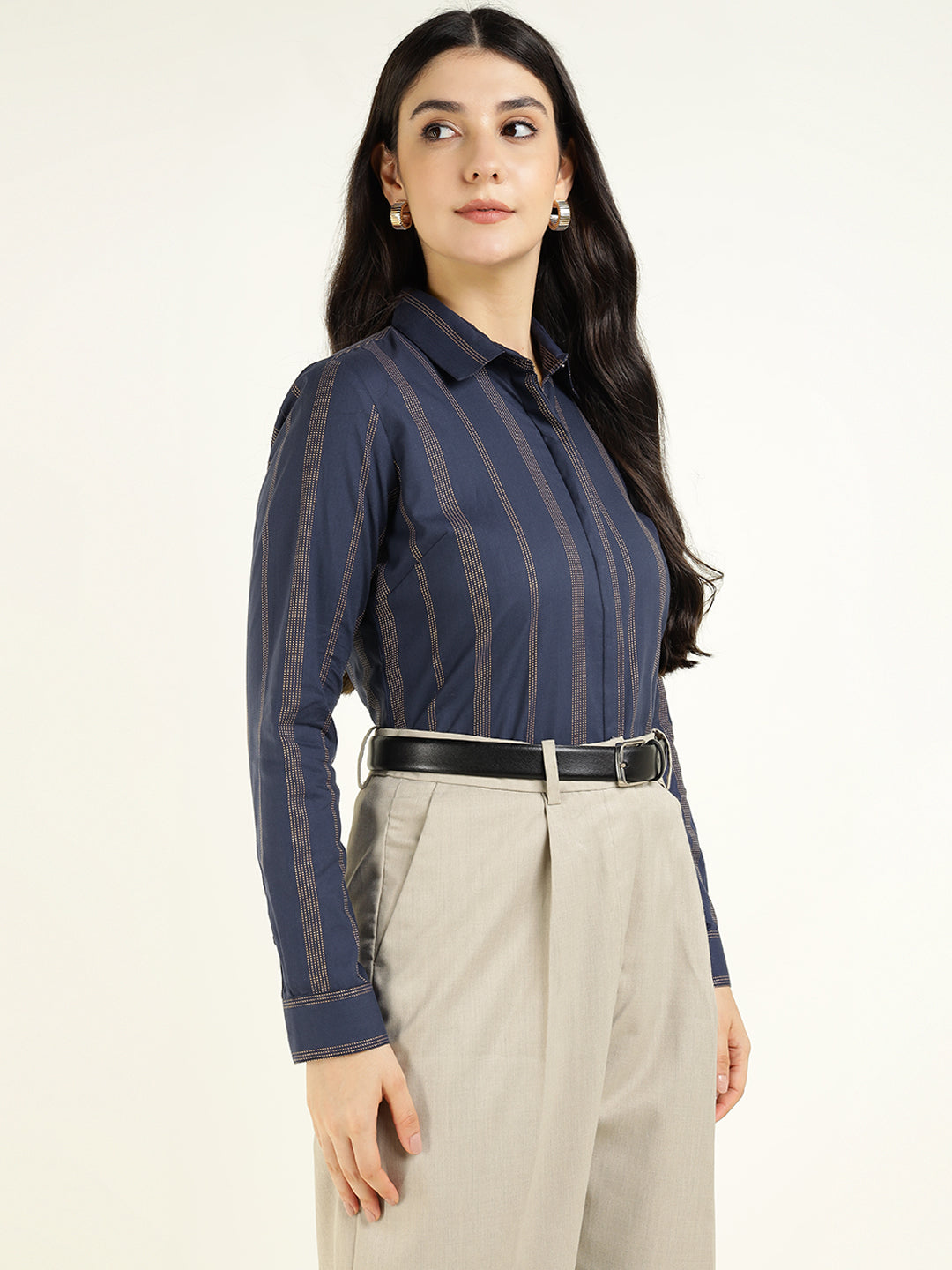 Women Navy Blue Striped Viscose Rayon Regular Fit Formal Shirt