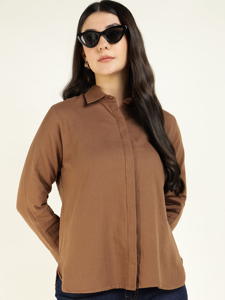Women Brown Solid Pure Cotton Relaxed Fit Casual Shirt