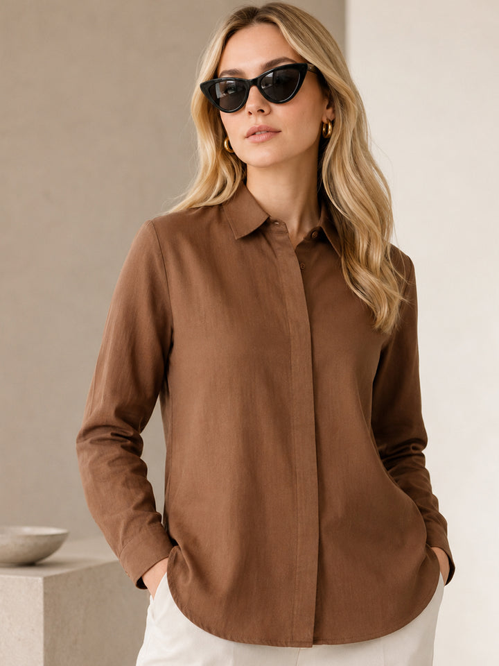 Women Brown Solid Pure Cotton Relaxed Fit Casual Shirt