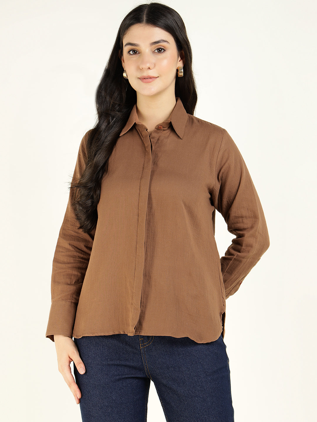 Women Brown Solid Pure Cotton Relaxed Fit Casual Shirt