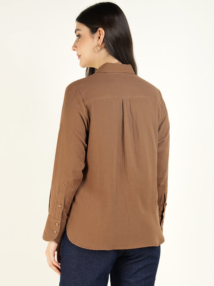 Women Brown Solid Pure Cotton Relaxed Fit Casual Shirt