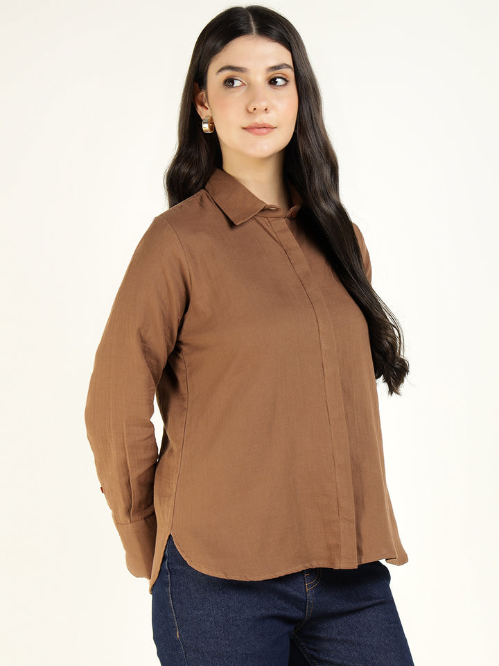 Women Brown Solid Pure Cotton Relaxed Fit Casual Shirt