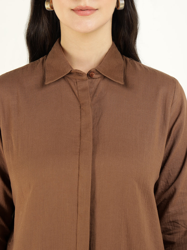 Women Brown Solid Pure Cotton Relaxed Fit Casual Shirt