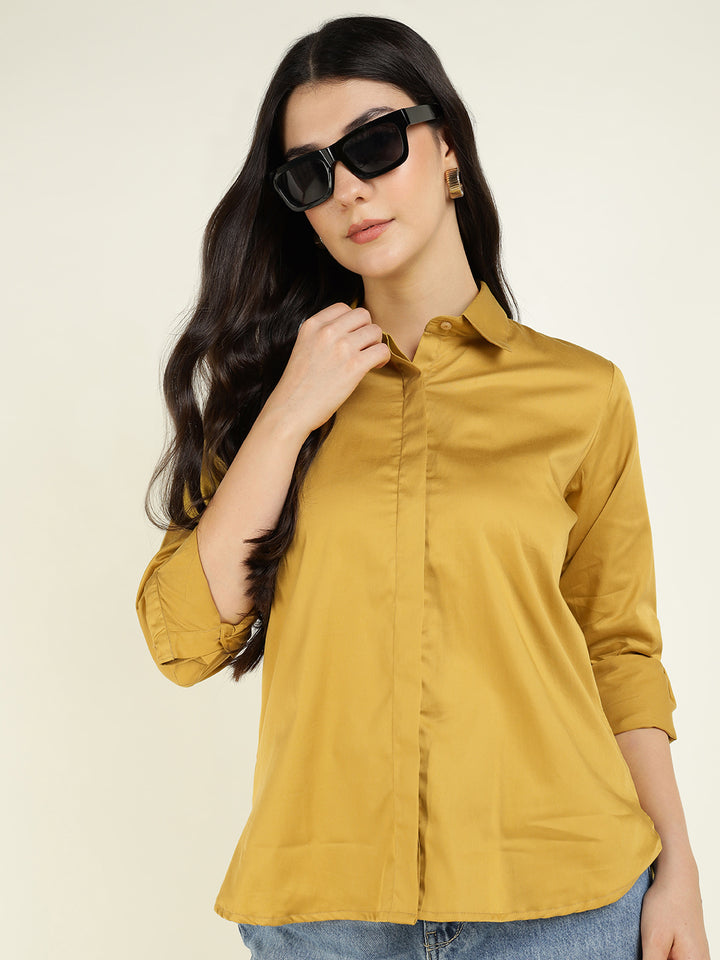 Hancock Women Mustard Solid Pure Cotton Relaxed Fit Casual Shirt