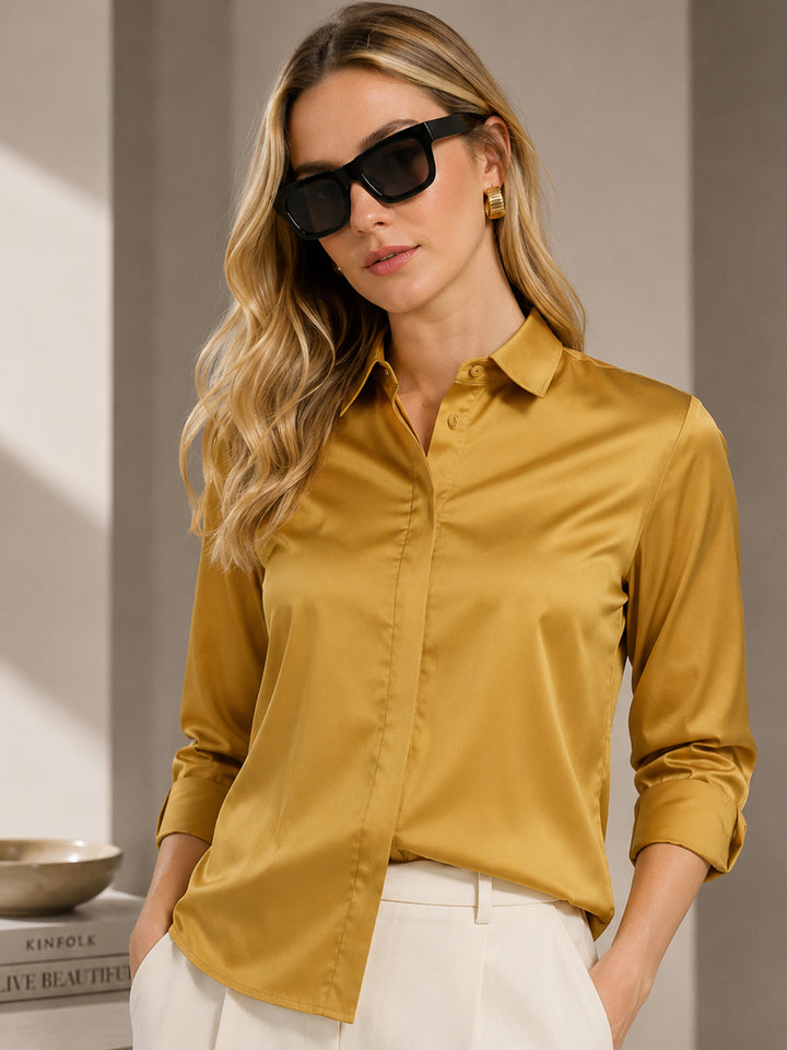Women Mustard Solid Pure Cotton Relaxed Fit Casual Shirt