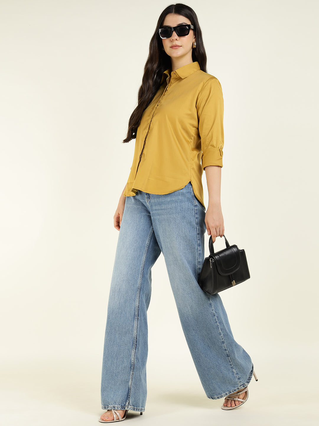 Hancock Women Mustard Solid Pure Cotton Relaxed Fit Casual Shirt