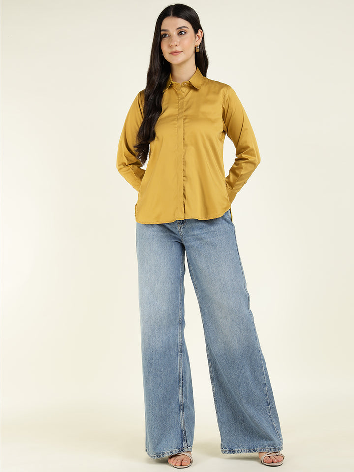 Hancock Women Mustard Solid Pure Cotton Relaxed Fit Casual Shirt