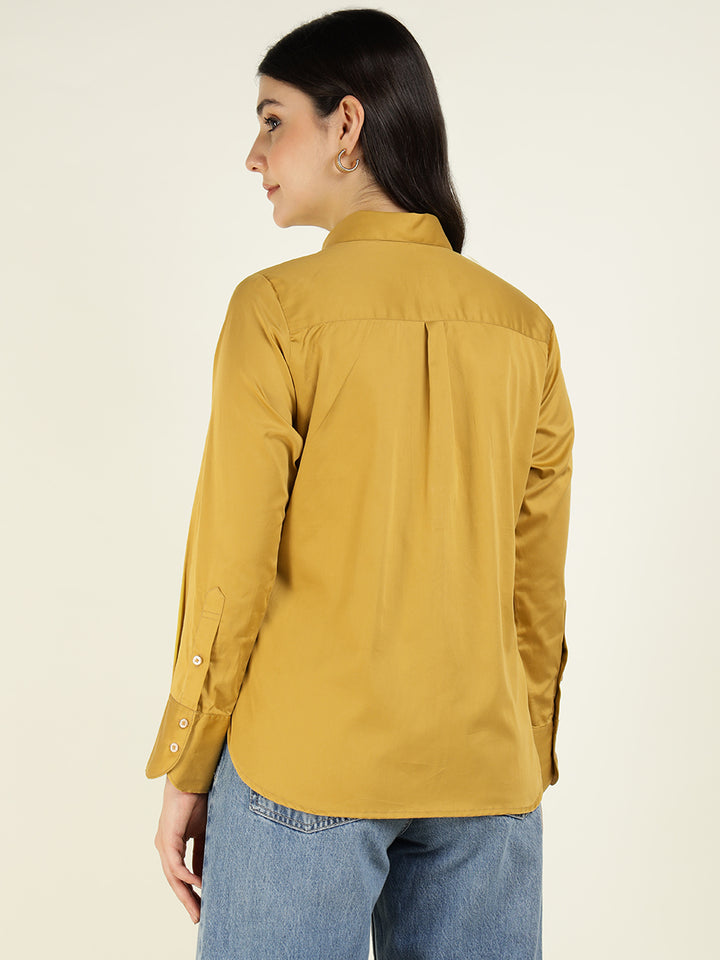 Hancock Women Mustard Solid Pure Cotton Relaxed Fit Casual Shirt
