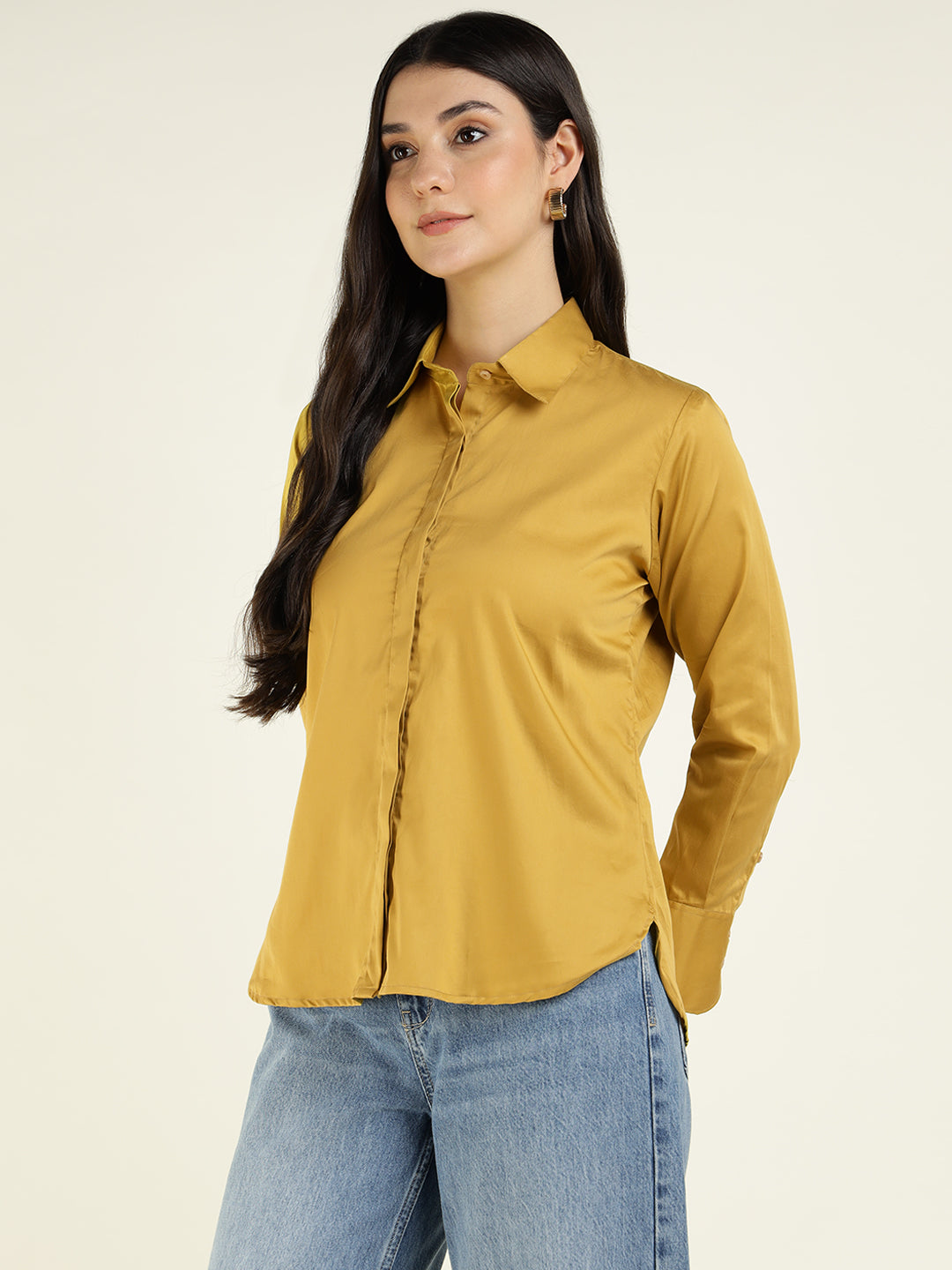 Hancock Women Mustard Solid Pure Cotton Relaxed Fit Casual Shirt