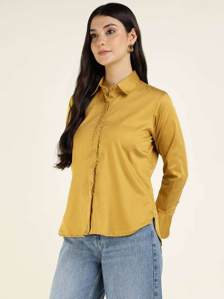 Hancock Women Mustard Solid Pure Cotton Relaxed Fit Casual Shirt