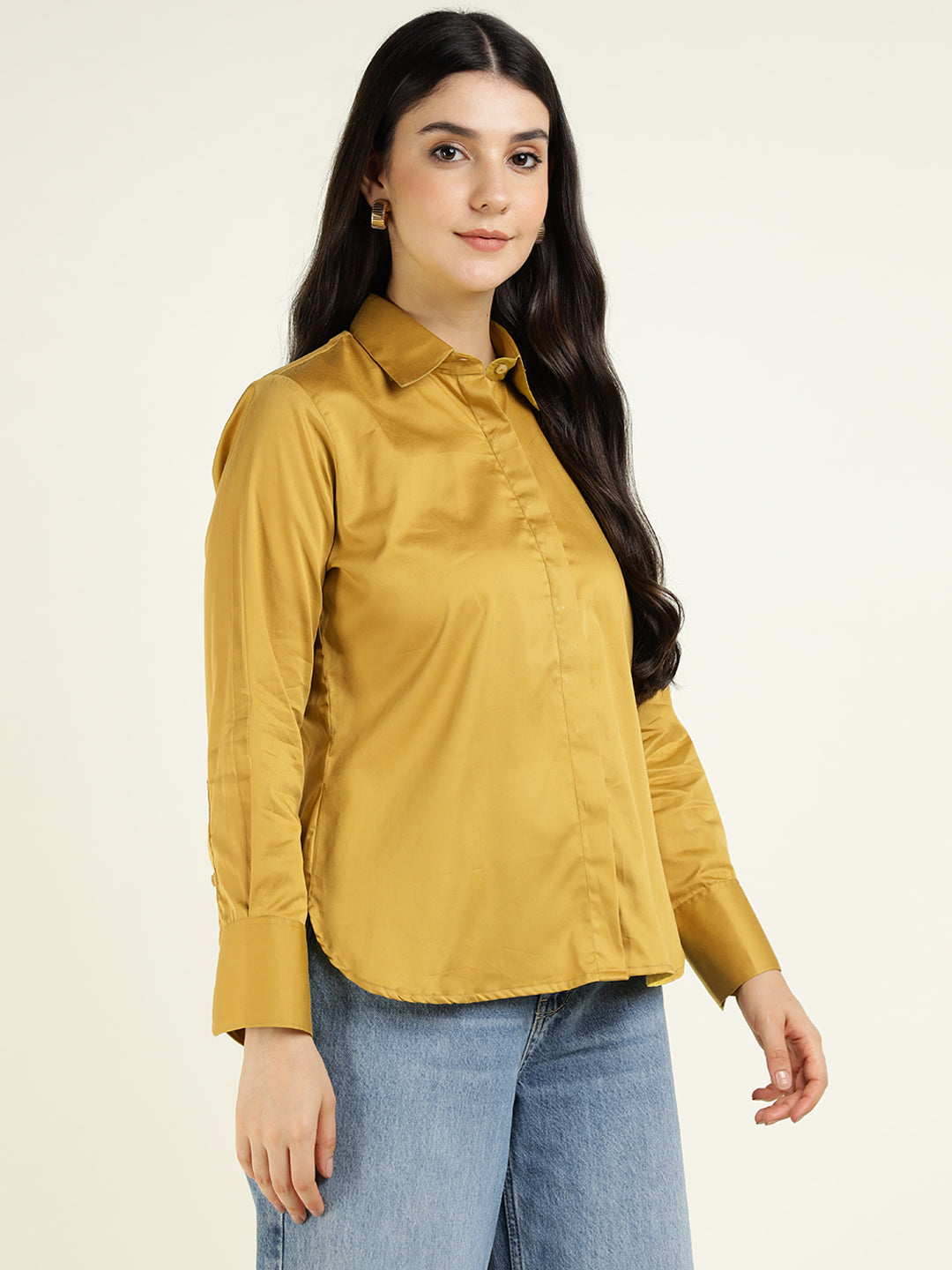 Hancock Women Mustard Solid Pure Cotton Relaxed Fit Casual Shirt