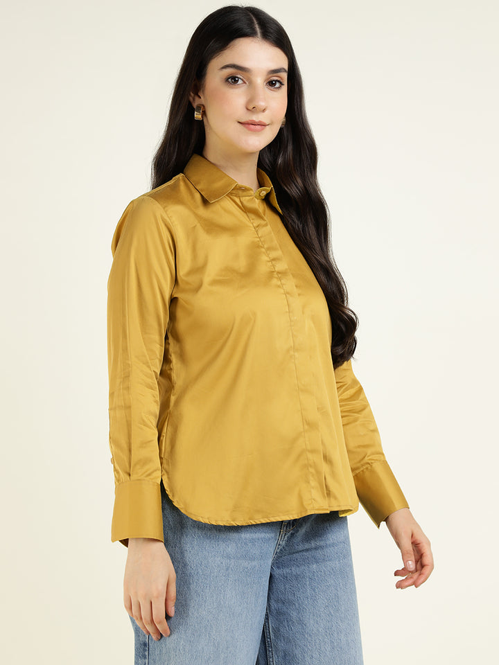 Hancock Women Mustard Solid Pure Cotton Relaxed Fit Casual Shirt