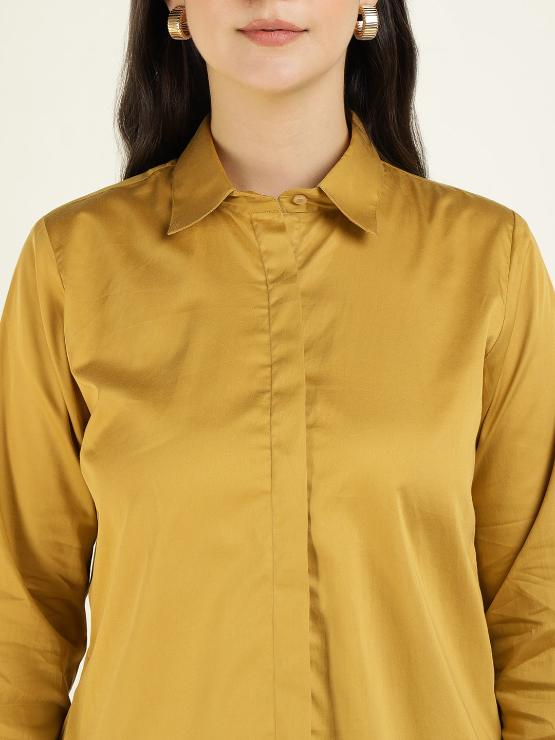 Hancock Women Mustard Solid Pure Cotton Relaxed Fit Casual Shirt