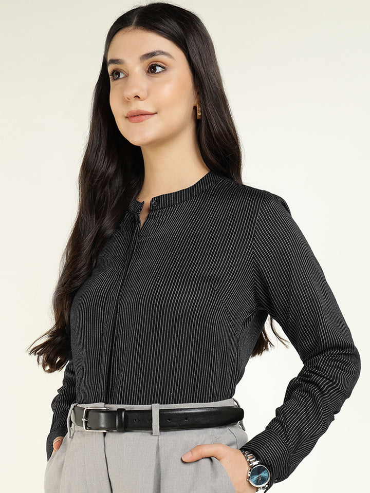 Women Black Striped Viscose Rayon Regular Fit Formal Shirt