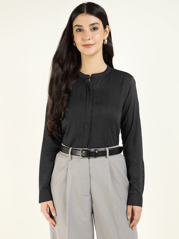 Women Black Striped Viscose Rayon Regular Fit Formal Shirt
