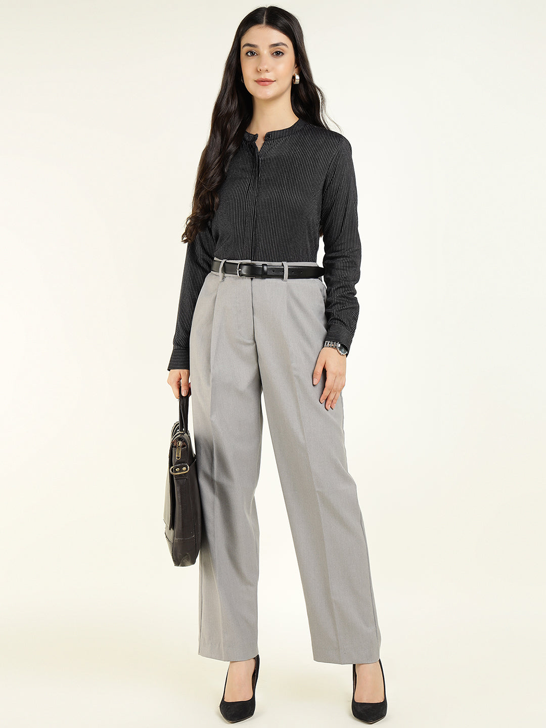 Women Black Striped Viscose Rayon Regular Fit Formal Shirt