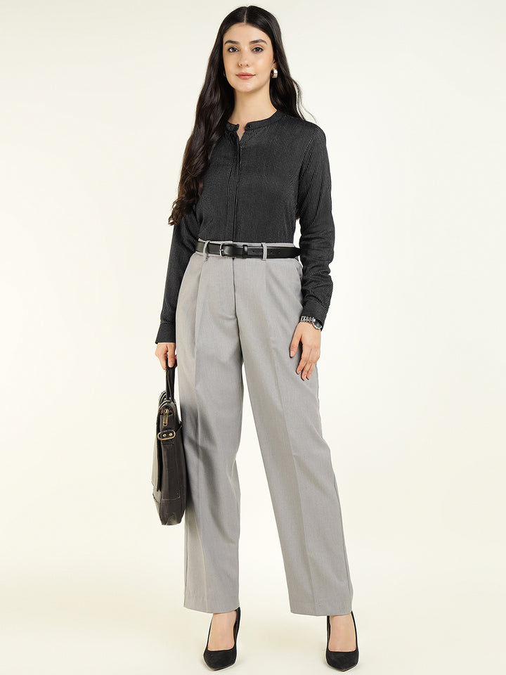 Women Black Striped Viscose Rayon Regular Fit Formal Shirt