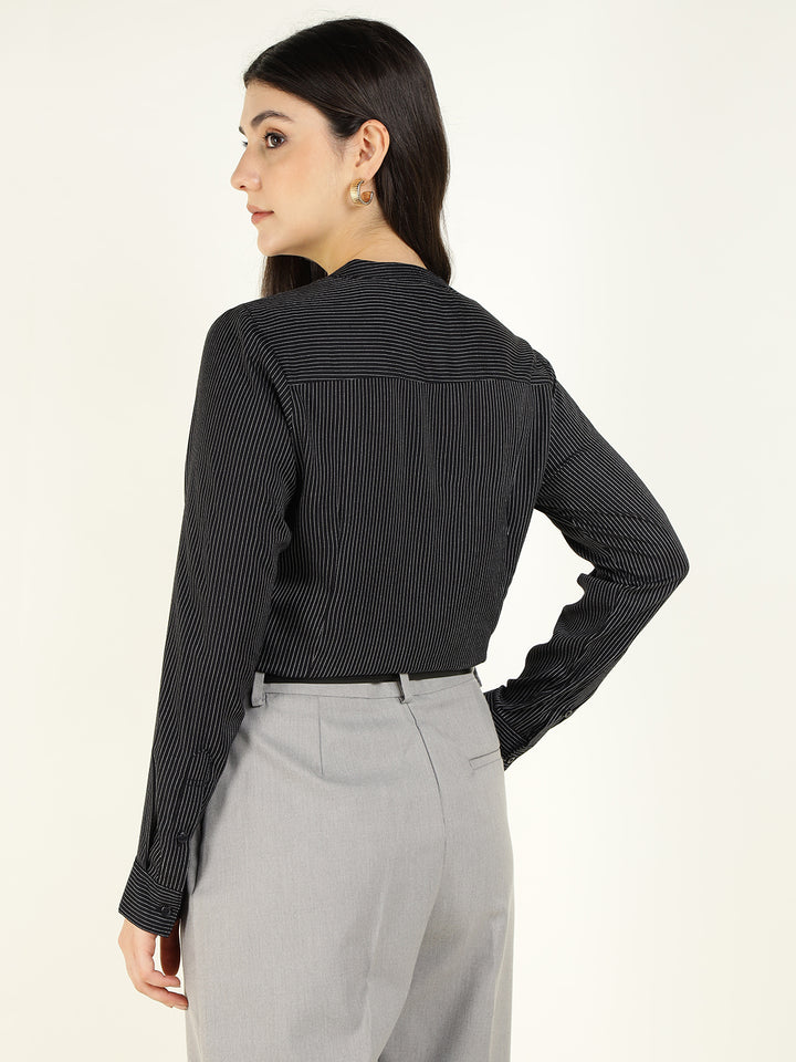 Women Black Striped Viscose Rayon Regular Fit Formal Shirt