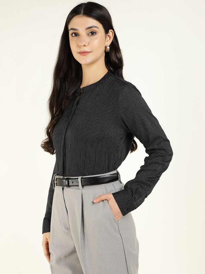 Women Black Striped Viscose Rayon Regular Fit Formal Shirt