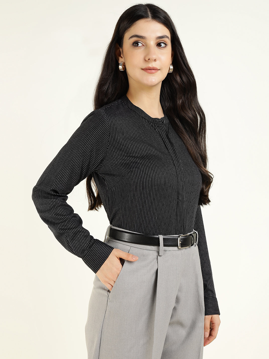 Women Black Striped Viscose Rayon Regular Fit Formal Shirt