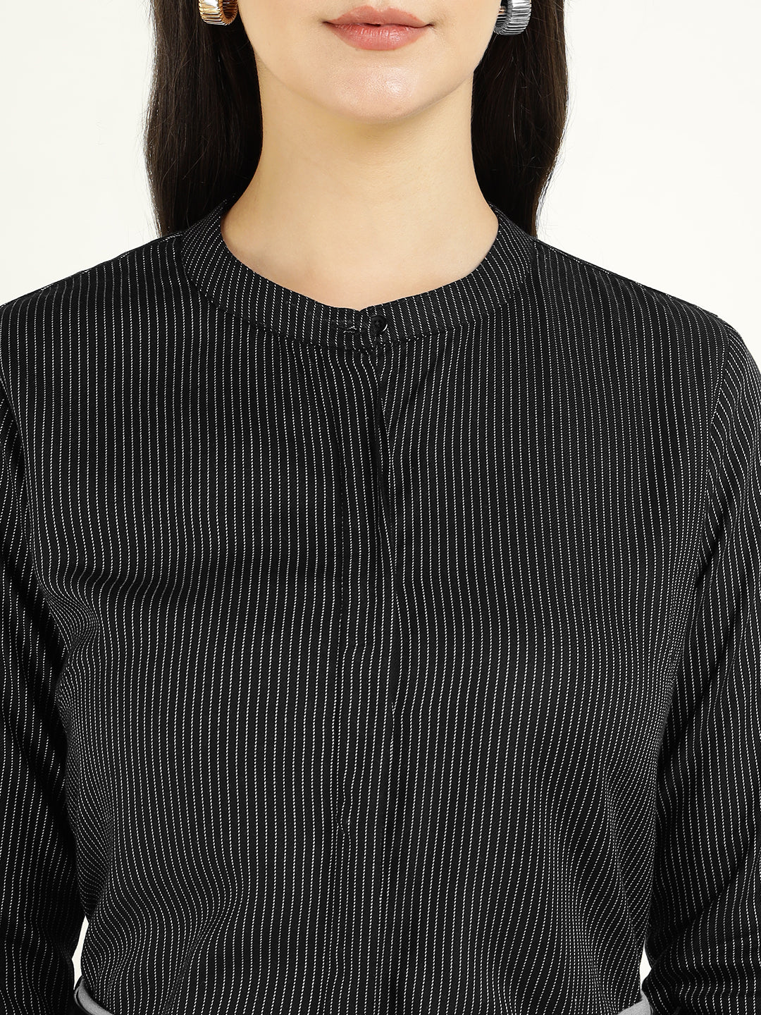 Women Black Striped Viscose Rayon Regular Fit Formal Shirt