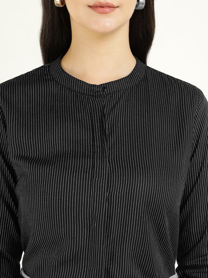 Women Black Striped Viscose Rayon Regular Fit Formal Shirt