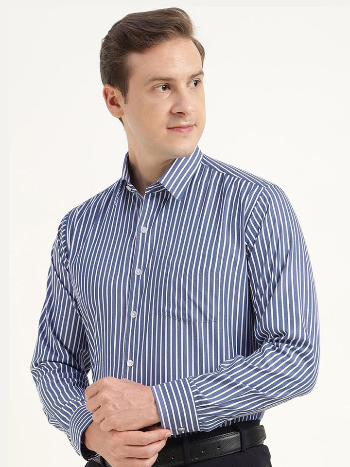 Men Blue & White Striped Cotton Rich Slim Fit Formal Shirt