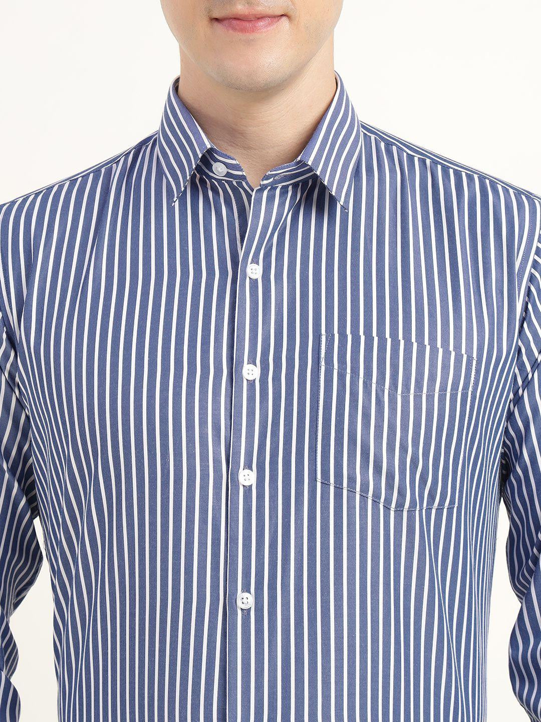 Men Blue & White Striped Cotton Rich Slim Fit Formal Shirt