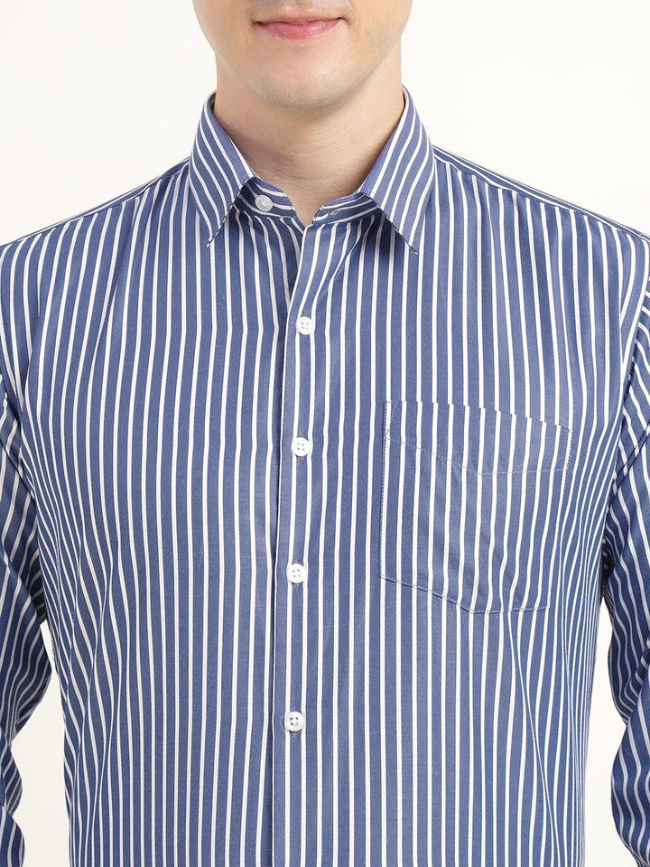 Men Blue & White Striped Cotton Rich Slim Fit Formal Shirt