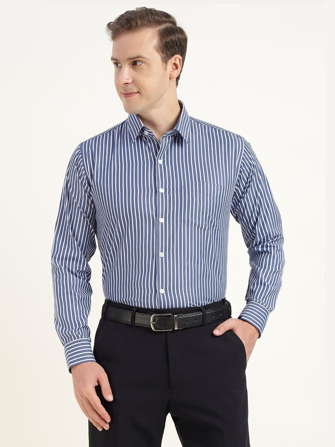 Men Blue & White Striped Cotton Rich Slim Fit Formal Shirt