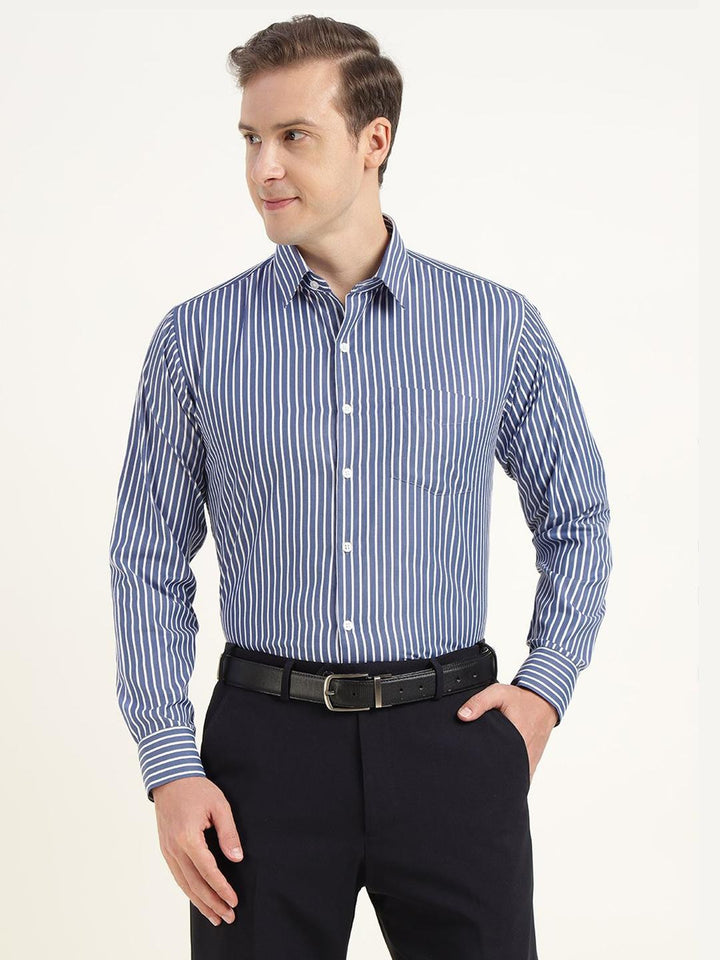 Men Blue & White Striped Cotton Rich Slim Fit Formal Shirt