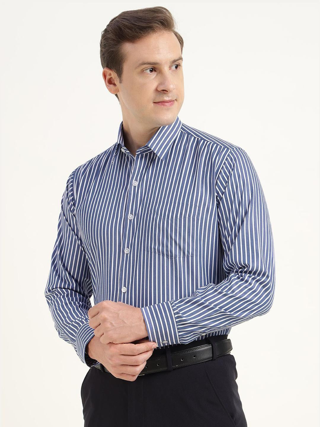 Men Blue & White Striped Cotton Rich Slim Fit Formal Shirt