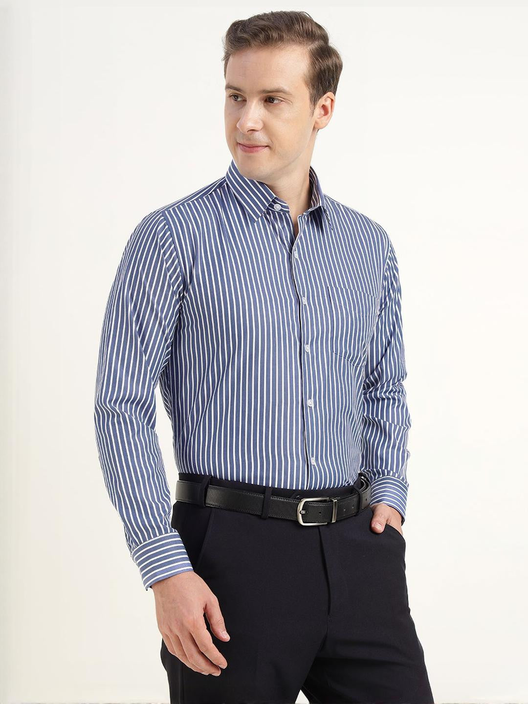 Men Blue & White Striped Cotton Rich Slim Fit Formal Shirt